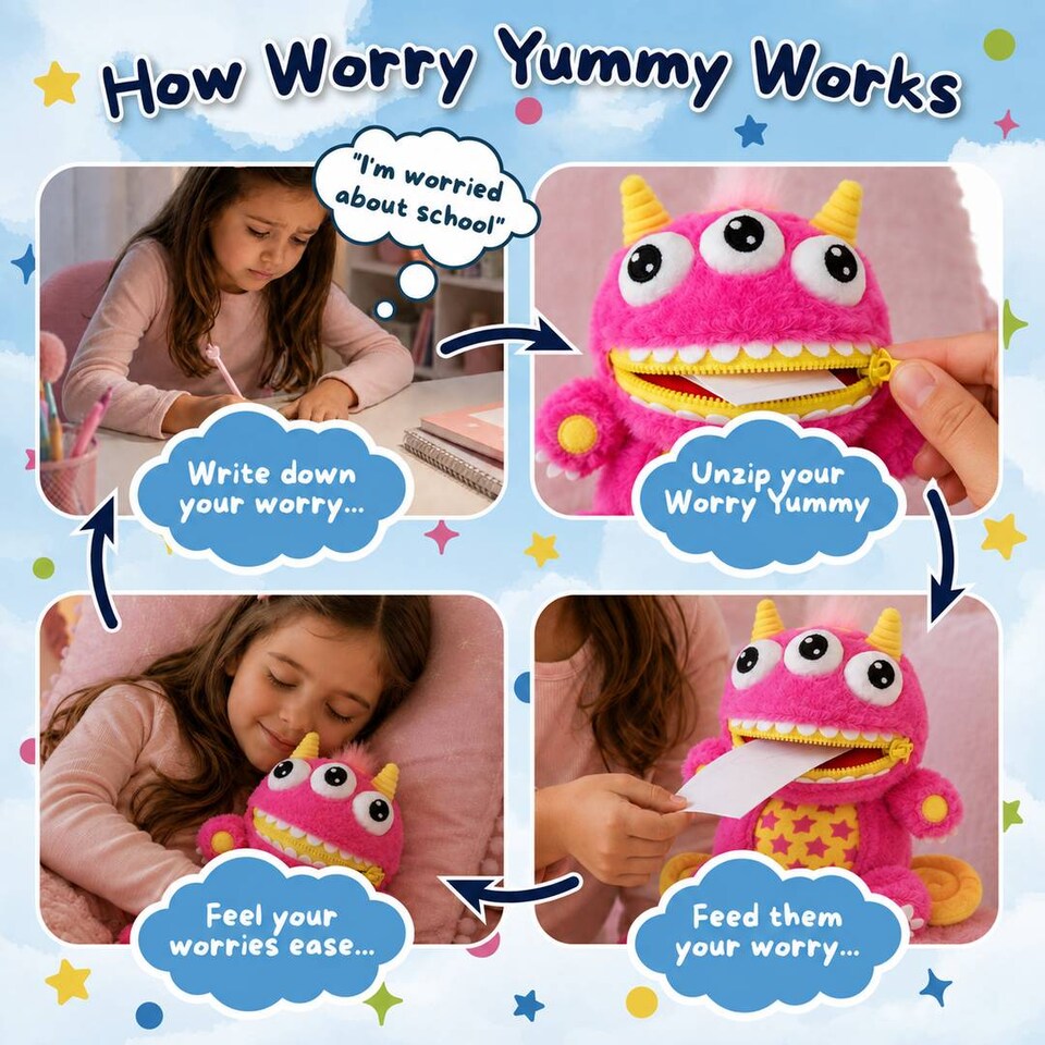 image 1 of Kids Worry Monster Soft Toy Zip Mouth Pocket Plush Comfort Companion Gift Idea Present Cuddly