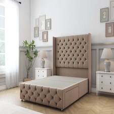 Sloomy Luthor Mink Plush Divan Bed Base No Drawers With 54 Inch Wingback Headboard & 12 Inch Matching Footboard | Brown | Mink | Single | 1