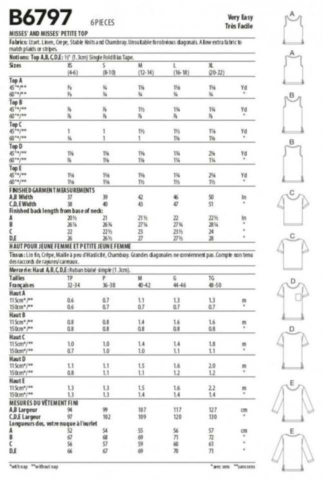 image 1 of Butterick 6797 Paper Sewing Pattern – Women’s Top, Size A (XS–S–M–L–XL), Easy