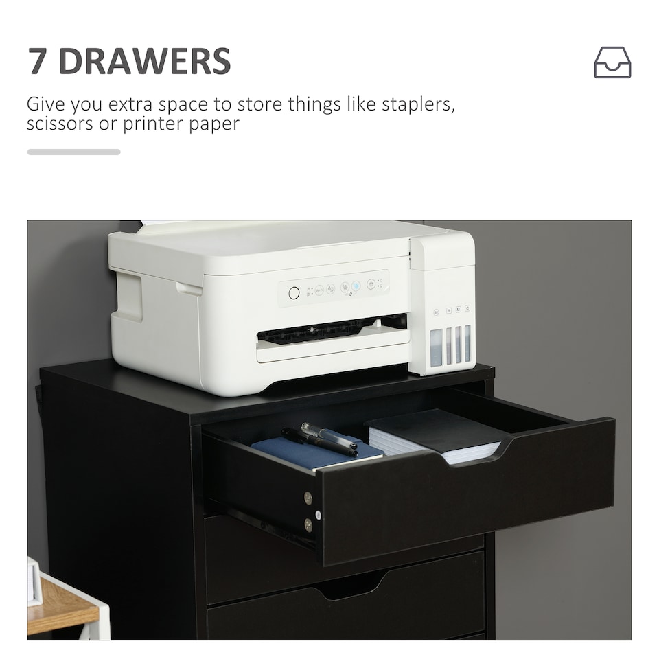 image 1 of Vinsetto Vertical Filing Cabinet, 7-drawer File Cabinet, Mobile Office Cabinet on Wheels for Study, Home Office, Black