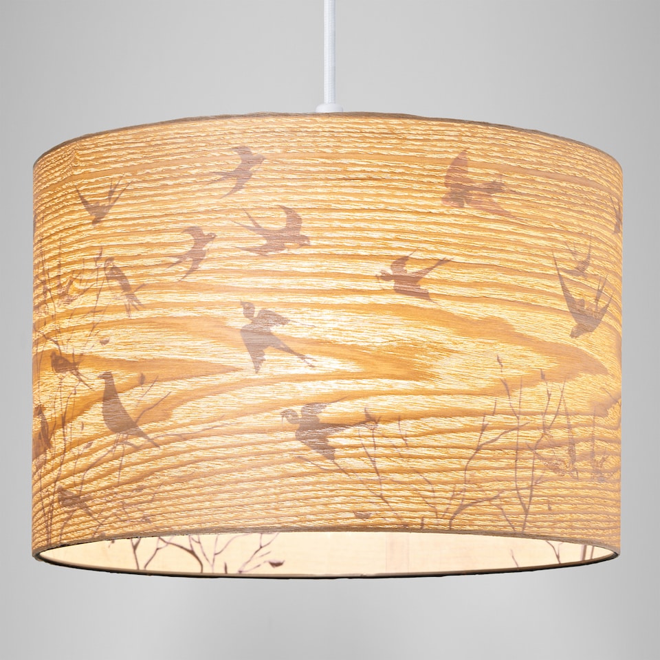 image 1 of Bamboo Wood Effect Lamp Shade with Inner Lining of Birds and Trees | Brown