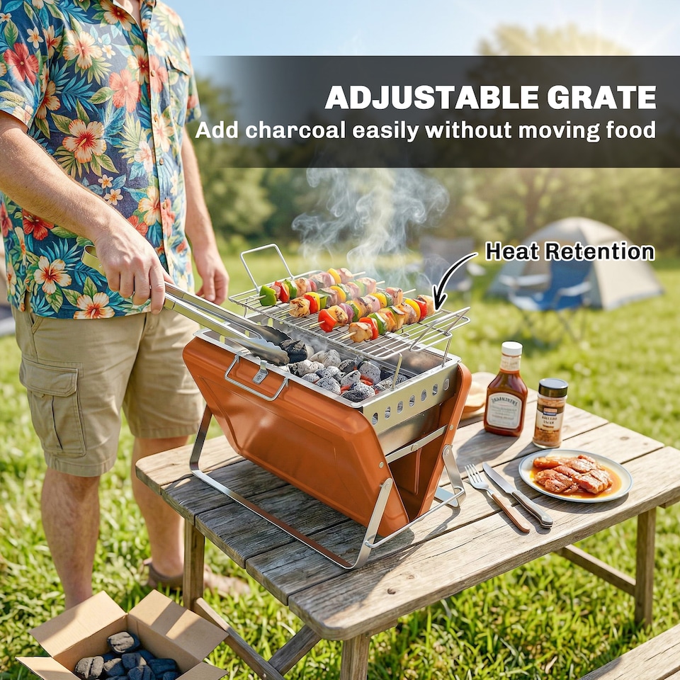 image 1 of Outsunny Charcoal BBQ Grill Portable with Tilting Grate | Orange | Black | 40 x 28 x 25.5 cm