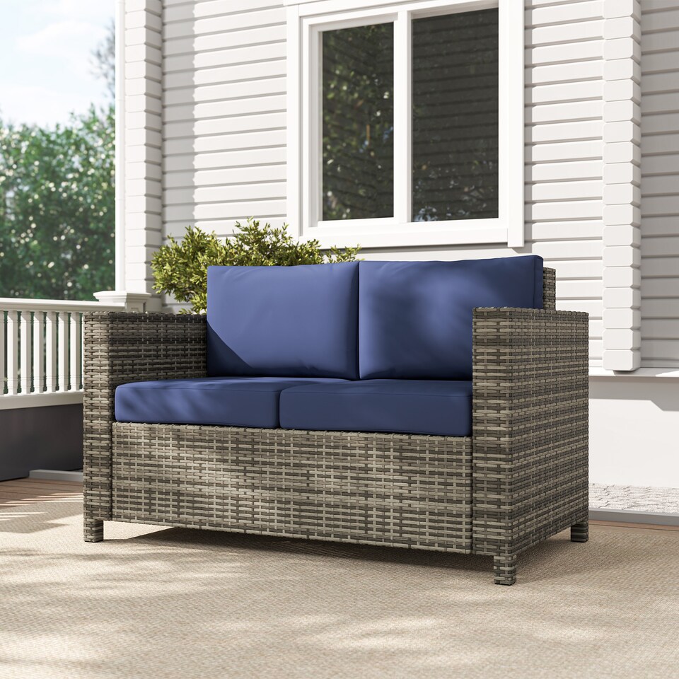 image 1 of Outsunny Rattan Sofa, 2 Seater Garden Furniture with Soft Padded Cushion and Armrests, Wicker Garden Loveseat for Patio, Navy Blue | Blue | Two Seater