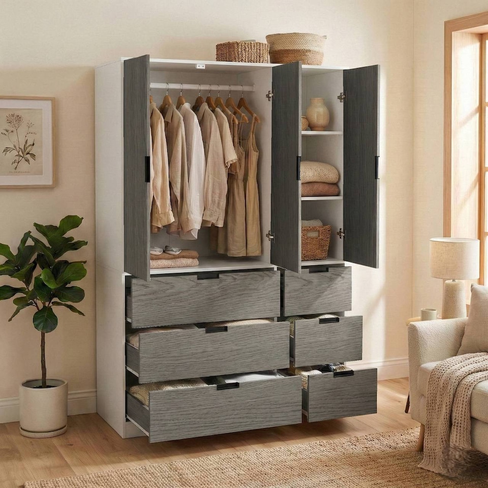image 1 of RIGA 3 Door 6 Drawer Wardrobe | White | White & Cedar Grey | 10 x 44.5 x 79 | 1