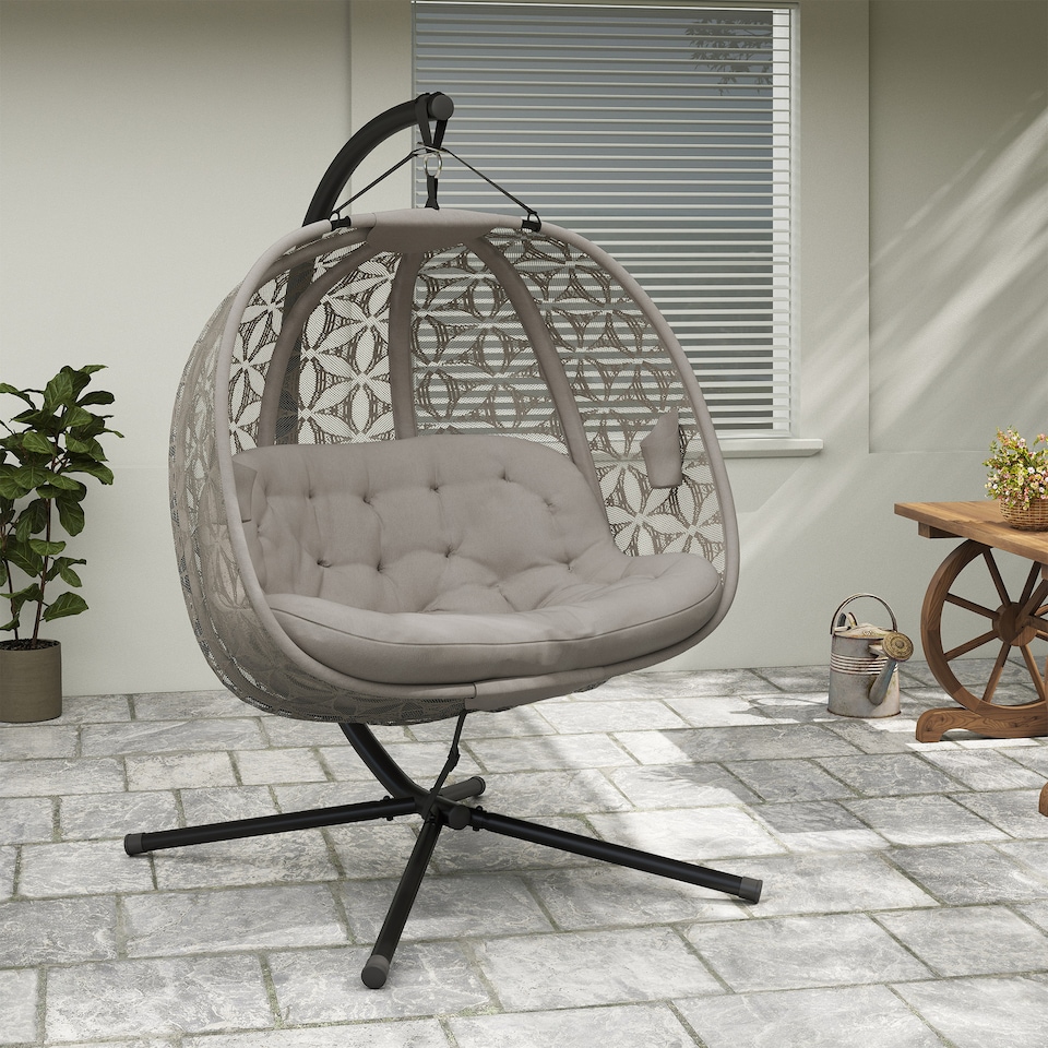 image 1 of Outsunny Double Hanging Swing Chair w/ Stand & Cup Holders, Brown | Brown