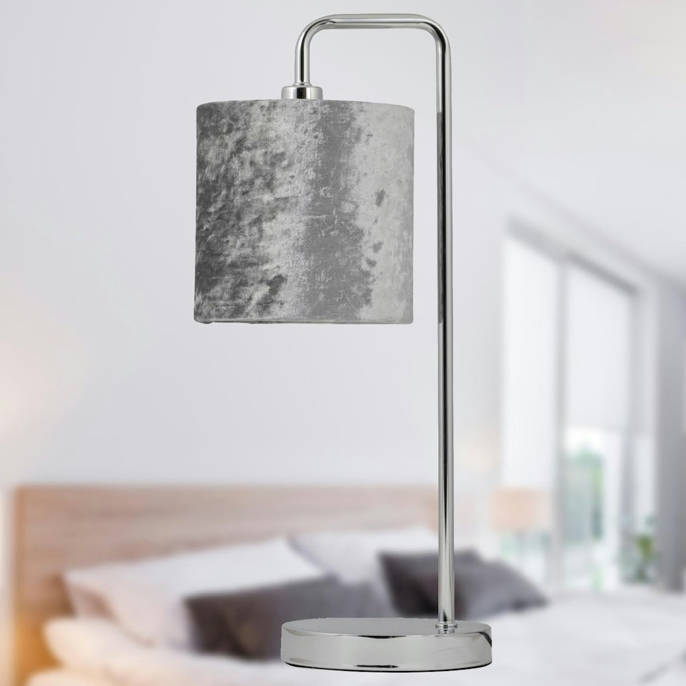 image 1 of First Choice Lighting Set of 2 Chrome Arched Table Lamps with Grey Crushed Velvet Shades Chrome | Grey