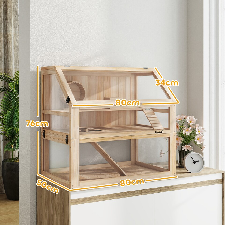 image 1 of PawHut Wooden Hamster Cage, 3 Tier Gerbil Cage with Detachable 31cm Deep Bottom, Hut, Seesaw, Exercise Wheel, Ramps, Natural Wood Finish
