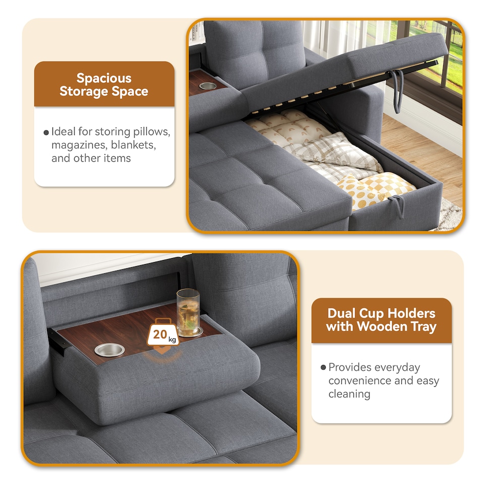 image 1 of FENCHILIN Sofa Bed with Pull-Out Sleeper Reversible Chaise Drop-Down Cup Holder Side Pockets Grey