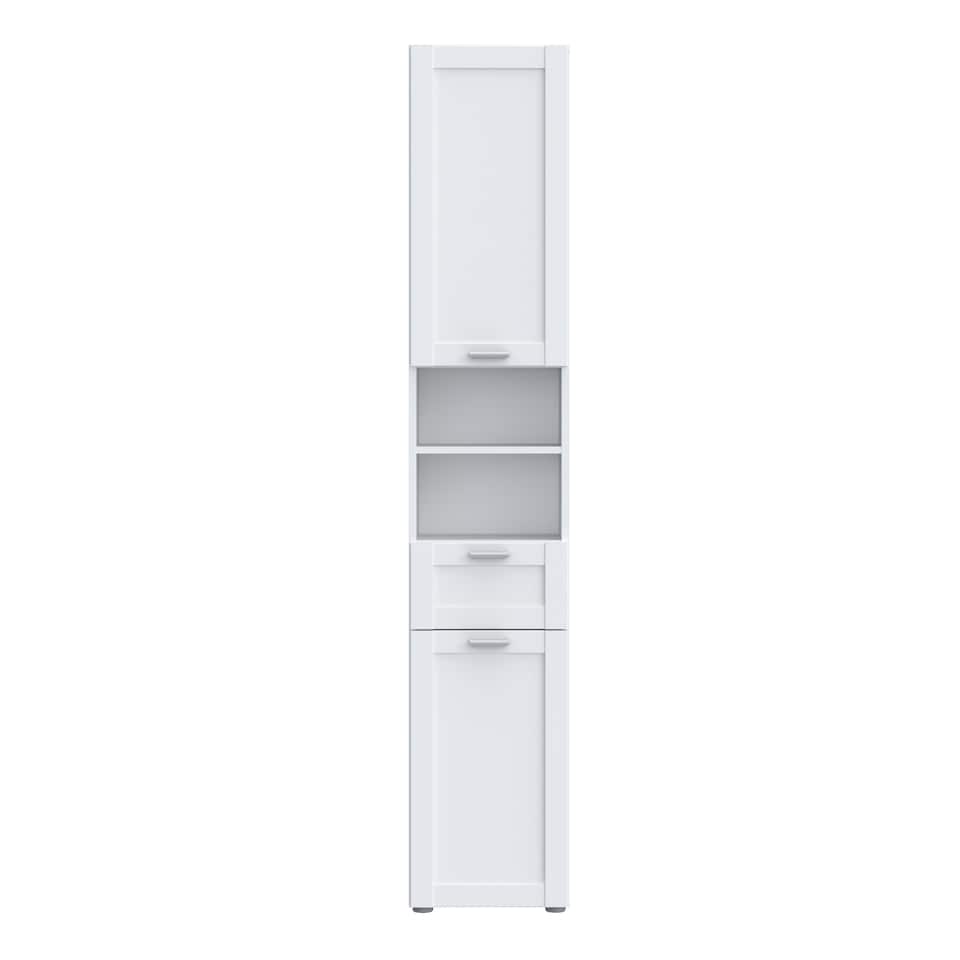 image 1 of Lokko Tall Narrow Bathroom Cabinet with 2 Doors & 1 Drawer with Silver Handles in White