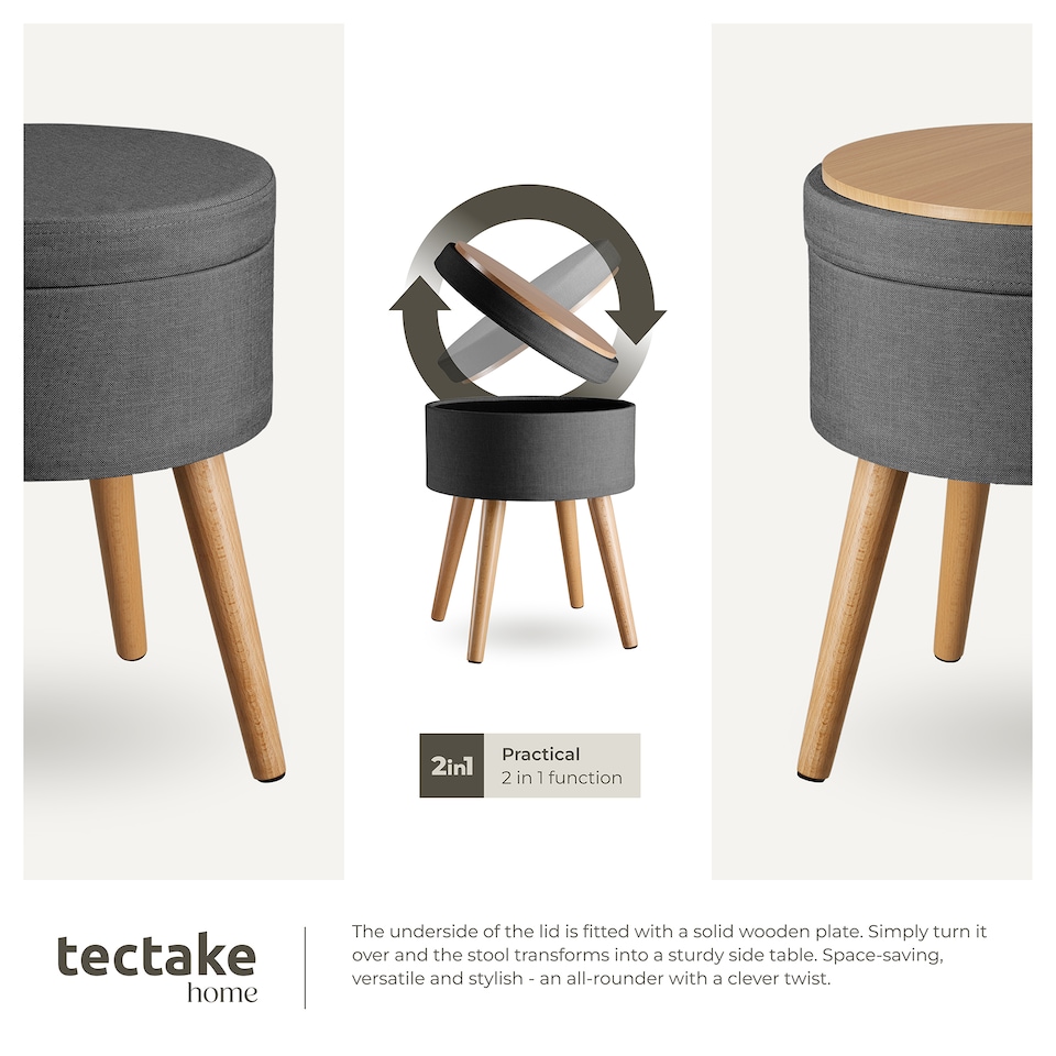 image 1 of Stool Yara - round, padded, with storage space, linen look | Grey | dark grey | 42,50 x 42,50 x 45,50 cm | 1