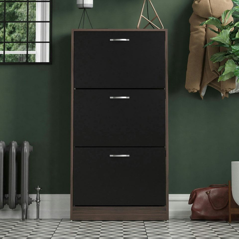 image 1 of Vida Designs 3 Drawer Shoe Cabinet Shoe Rack Storage Cupboard, Walnut & Black