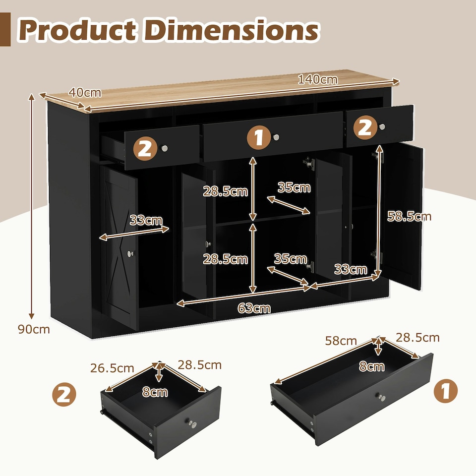 image 1 of COSTWAY Buffet Sideboard Kitchen Storage Cabinet 3 Drawers Black | Black