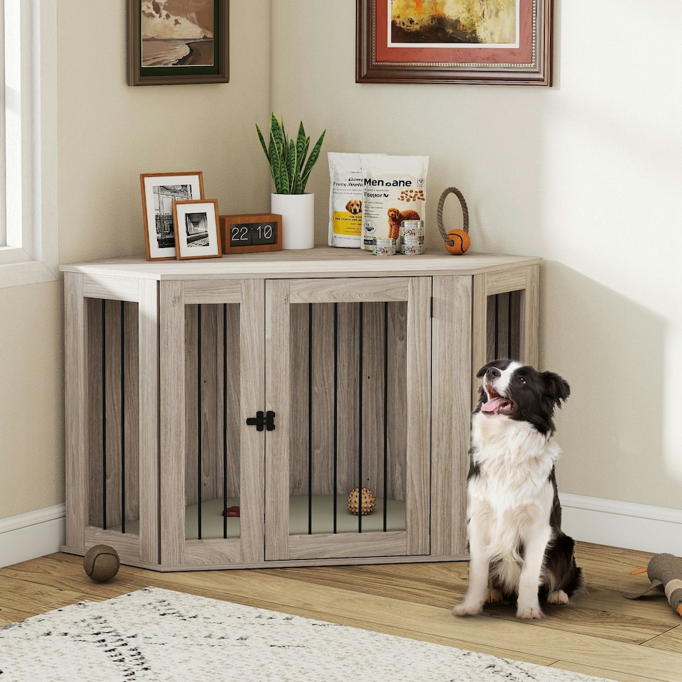 image 1 of PawHut Dog Crate Furniture for Large Dogs w/ Cushion, Door - Walnut Brown