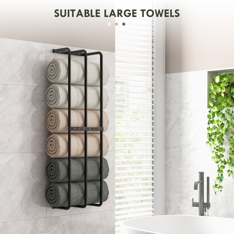 image 1 of HOMCOM Towel Rack Wall Mounted, Metal Towel Rail Holds Up to 6 Large Size (150 x 100cm) Rolled Towels, 3 Bar Towel Storage for Bathroom, 21 x 12 x 74cm, Black