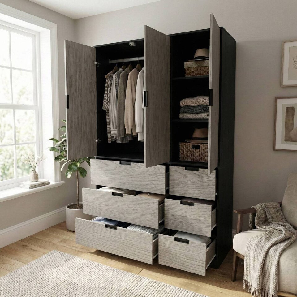 image 1 of RIGA 3 Door 6 Drawer Wardrobe | Black | Black & Cedar Grey | 10 x 44.5 x 79 | 1