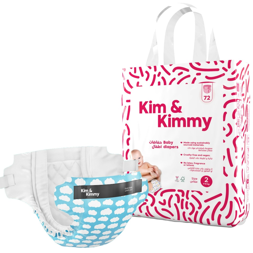 image 1 of Kim & Kimmy Nappies, Size 2, 4-8kg, 72 Pack, Little Clouds