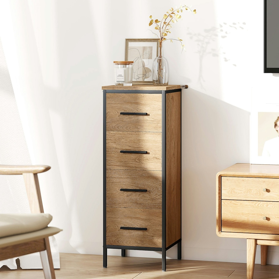 image 1 of HOMCOM Narrow Bathroom Storage Cabinet with 4 Drawers for Small Spaces, Oak Brown | Black