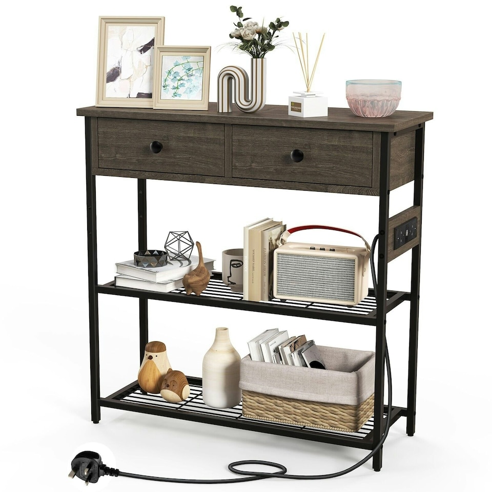 image 1 of COSTWAY Entryway Narrow Console Table w/Charging Station Brown
