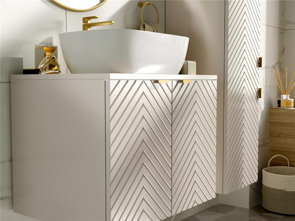 image 1 of Wall Hung Vanity Unit 600mm Bathroom Cabinet Ribbed Beige White Countertop Cara