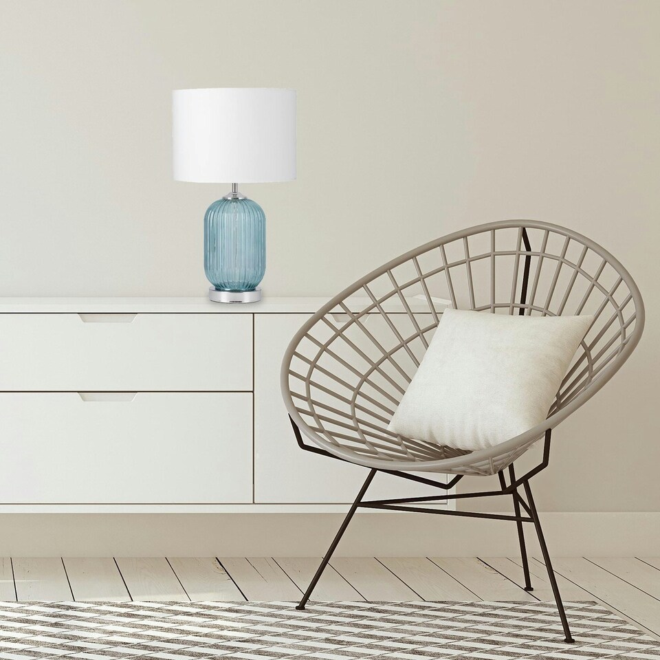 image 1 of First Choice Lighting Set of 2 Turquoise Ribbed Glass Lamps with White Shades Chrome | White