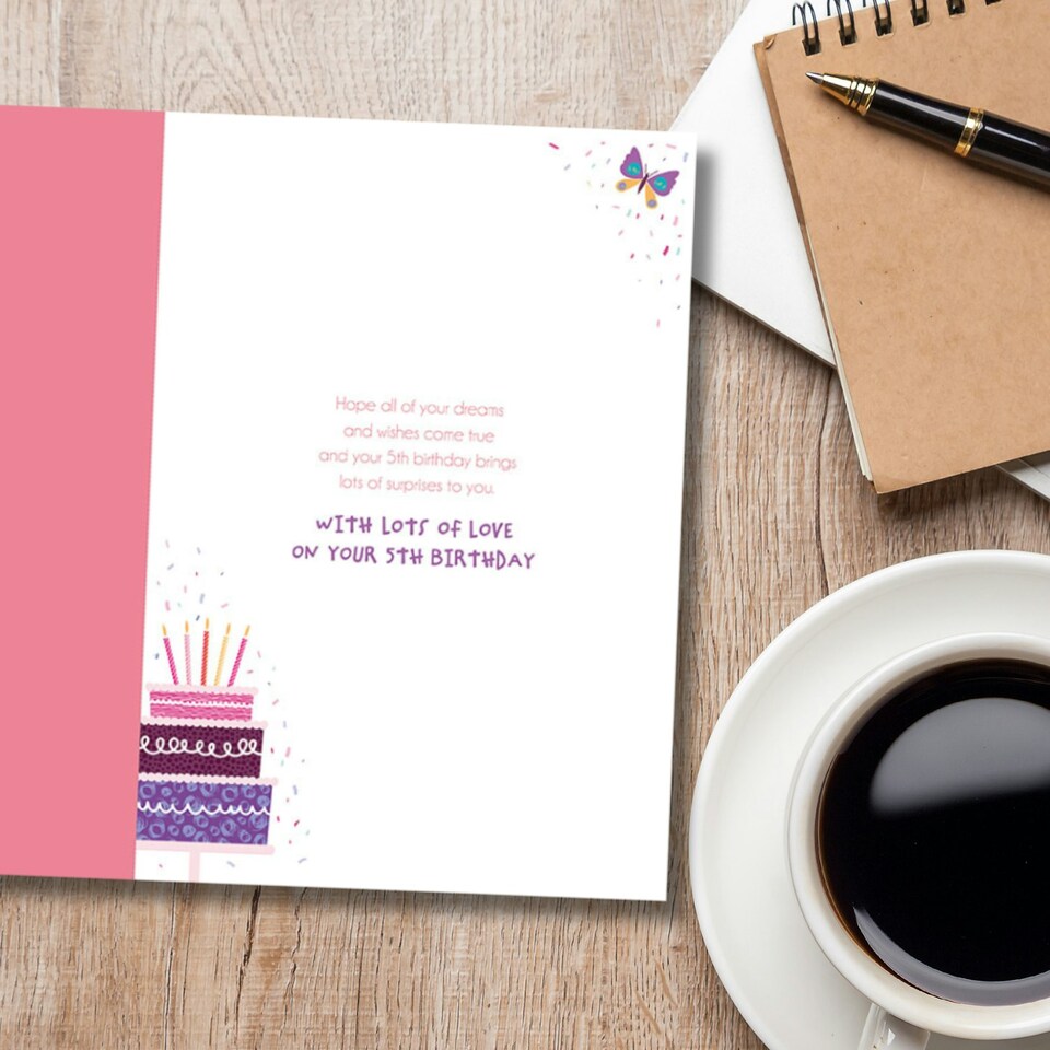 image 1 of Words 'n' Wishes 5th Birthday Card for Daughter, Patterned & Foiled Letters With Birthday Cakes, Multicoloured, 23.5 x 16.5 cms
