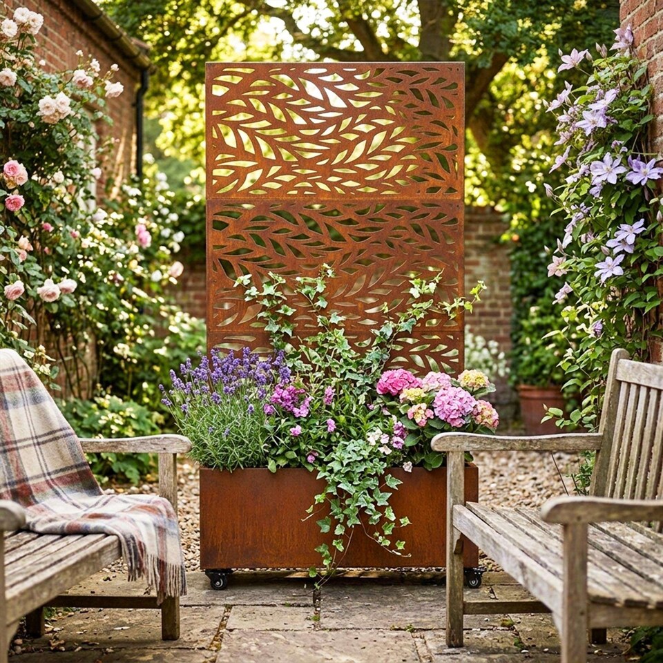 image 1 of Nicoman Metal Privacy Screen with Planter Pot Leaf Pattern