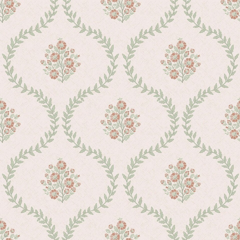 Sample of Posy Trellis Wallpaper in Vintage Pink and Sage Multi