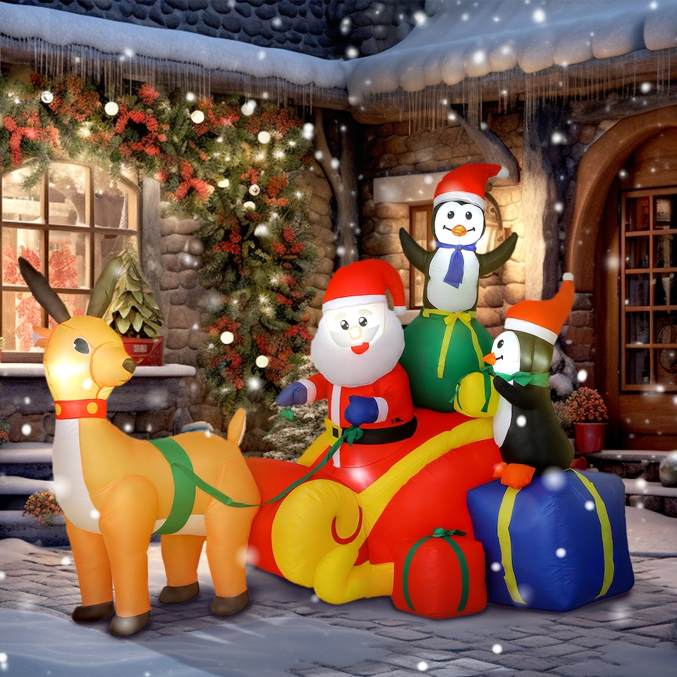 image 1 of Outsunny 6ft Christmas Inflatable Santa on Sleigh with Reindeer and Penguin, Outdoor Christmas Blow Up Decoration with Built-in LED Lights for Garden, Indoor Outdoor Home Decor