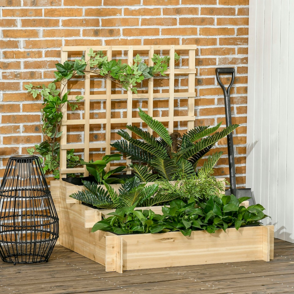 image 1 of Outsunny 3 Tier Wooden Garden Planters with Trellis for Vine Climbing Plants