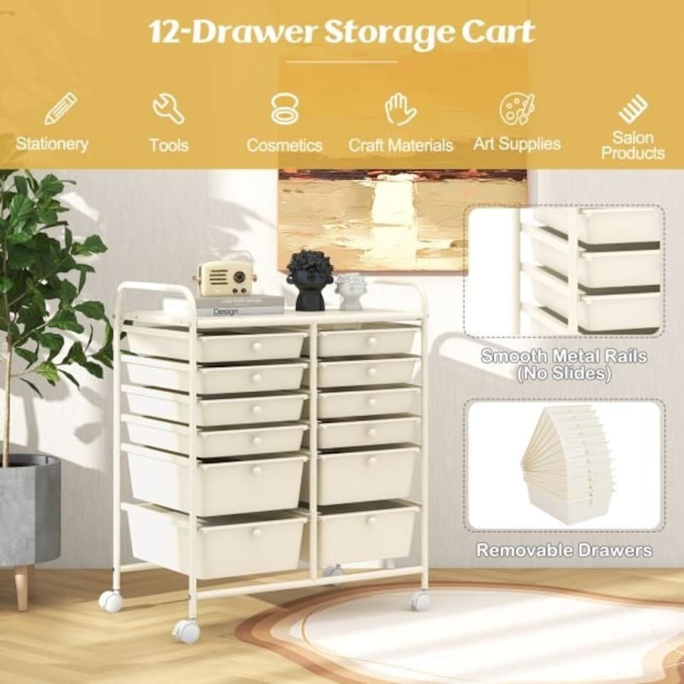 image 1 of COSTWAY 12 Drawer Rolling Storage Cart Office Utility Cart White