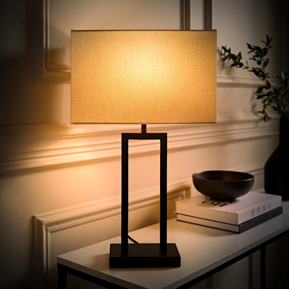 image 1 of ValueLights Gloria Black Double Stem Metal Table Lamp with Rectangular Lamp Shade | Black
