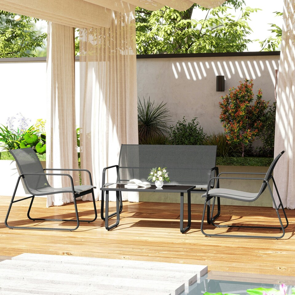 image 1 of Outsunny 4 Piece Garden Furniture Set Patio Sofa Set w/ Chairs, Glass Top Table 