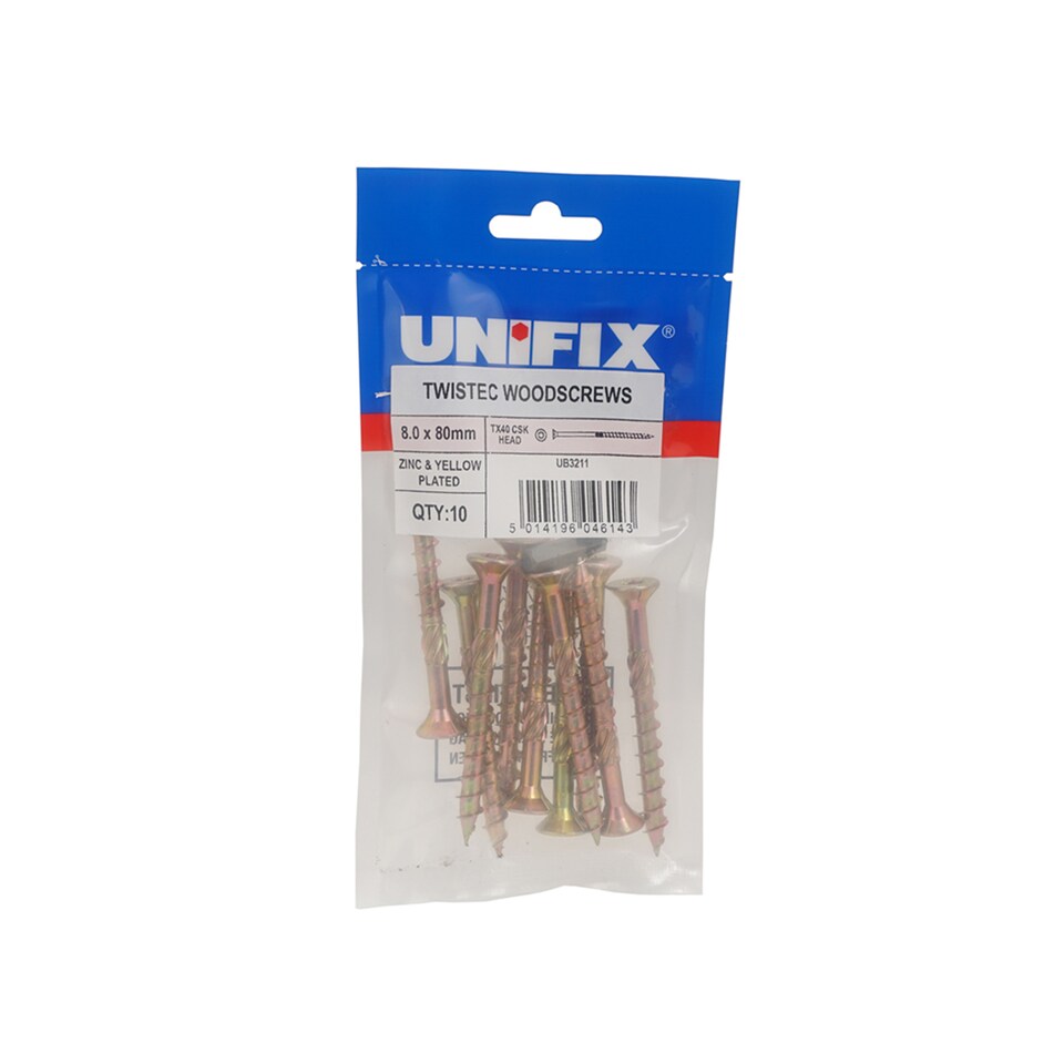 Unifix Twistec Woodscrews Csk Head Zyp Tx40 8.0 x 160mm - Bag of 6 - Box of 30