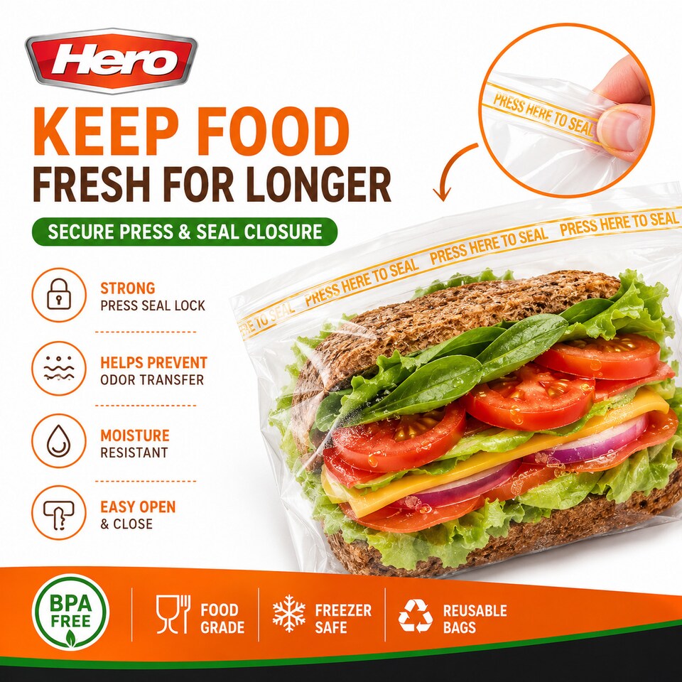 image 1 of Hero Reusable Press Seal Freezer Bags - Pack of 50 BPA Free Food Storage Bags for Sandwiches, Fruit, Meat, Vegetables & Freezer Storage