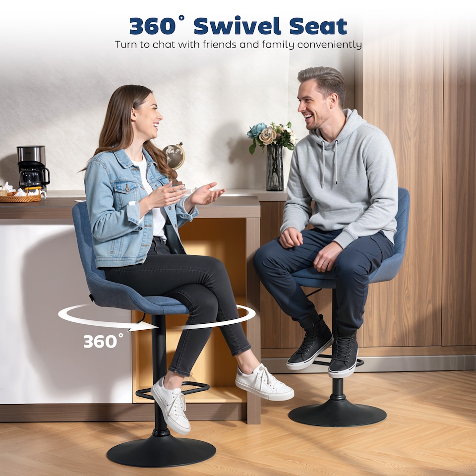 image 1 of HOMCOM Breakfast Bar Stools Set of 2 with 51x40cm Wide Seat, Height Adjustable Kitchen Counter Chairs, Retro Swivel Upholstered Barstools with Back, Footrest and Steel Base, Dark Blue | Blue | Blue