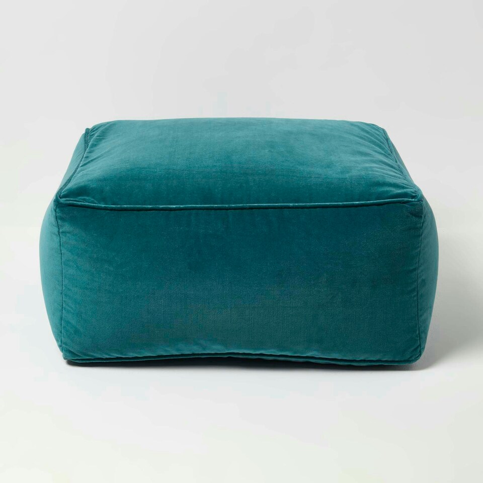 image 1 of Homescapes Teal Green Velvet Pouffe Bean Cube