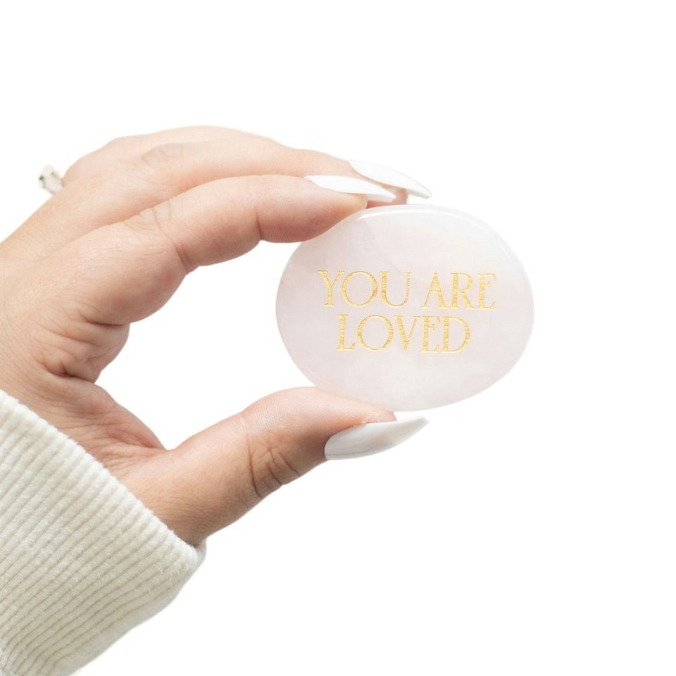 image 1 of Something Different You Are Loved Rose Quartz Palm Stone - Pink/Gold - One Size