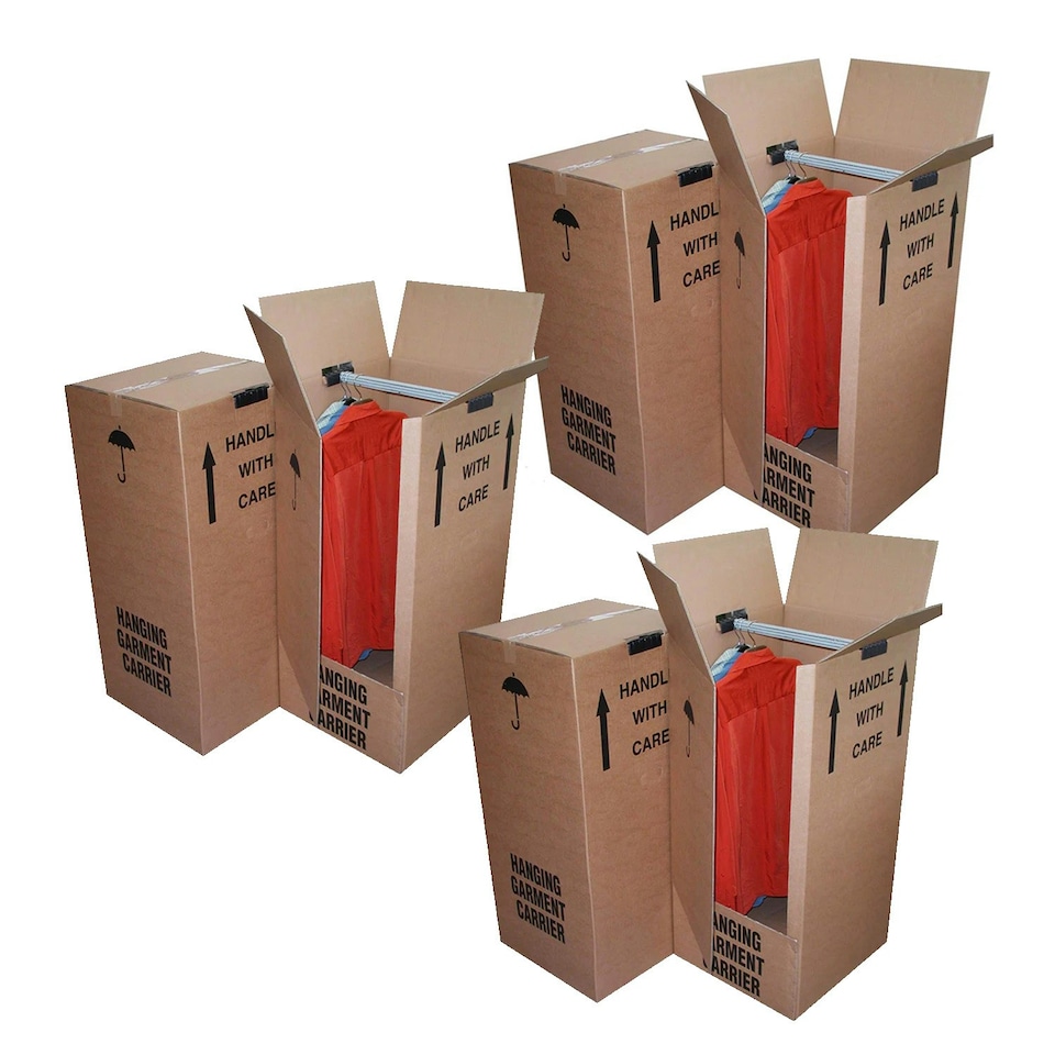 image 1 of 5 x Strong Double Wall Cardboard Wardrobe Boxes With Hanging Rails Brown