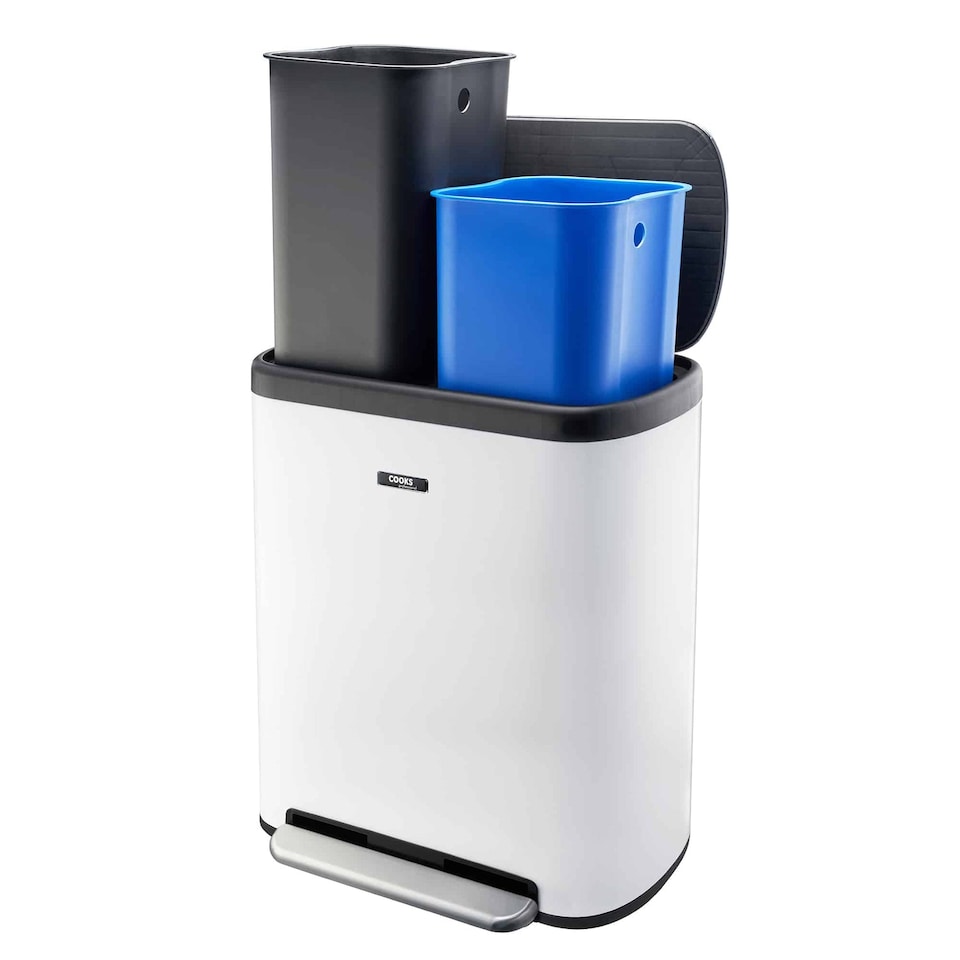 image 1 of Cooks Professional Recycle Bin 60L with Single Pedal, Dual Compartments & Soft Close Lid | White