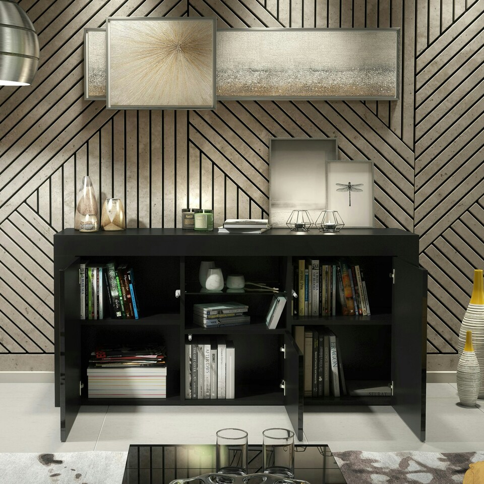 image 1 of TV Unit 145cm Black Matt Doors Free LED Oak Modern Media Cabinet Multi | Oak Matt Body & Black Matt Doors