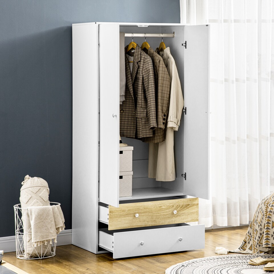 image 1 of HOMCOM 2-Door Wardrobe with 2 Drawers, Hanging Rod and Anti-tipping Straps for Bedroom Clothes Storage Organisation, White