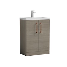Balterley Level Compact Bathroom Cloakroom Vanity Basin Unit with Ceramic Basin, Handles, Mid Oak | Brown | Grey Vicenza Oak | 840 x 620 x 360mm