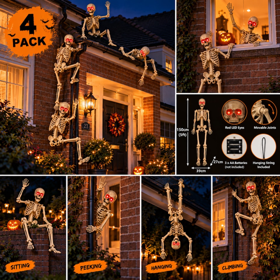 image 1 of Pack of 4 5ft (150cm) Posable Full Body Halloween LED Skeleton Decoration with Movable Joints and LED Eyes