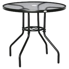 Outsunny 80 cm Round Dining Table with Parasol Hole, Outdoor Coffee End Side Table with Tempered Glass Top, Steel Frame for Garden, Black