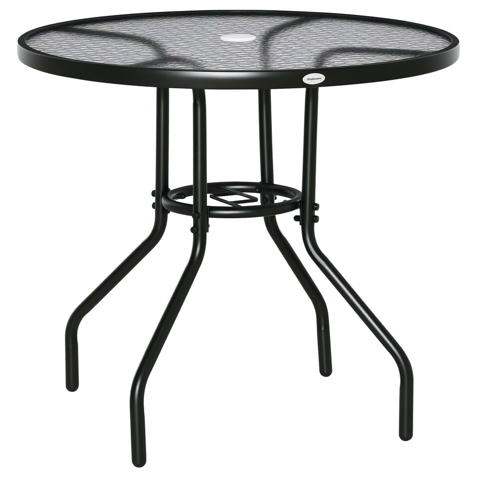 image 1 of Outsunny 80 cm Round Dining Table with Parasol Hole, Outdoor Coffee End Side Table with Tempered Glass Top, Steel Frame for Garden, Black