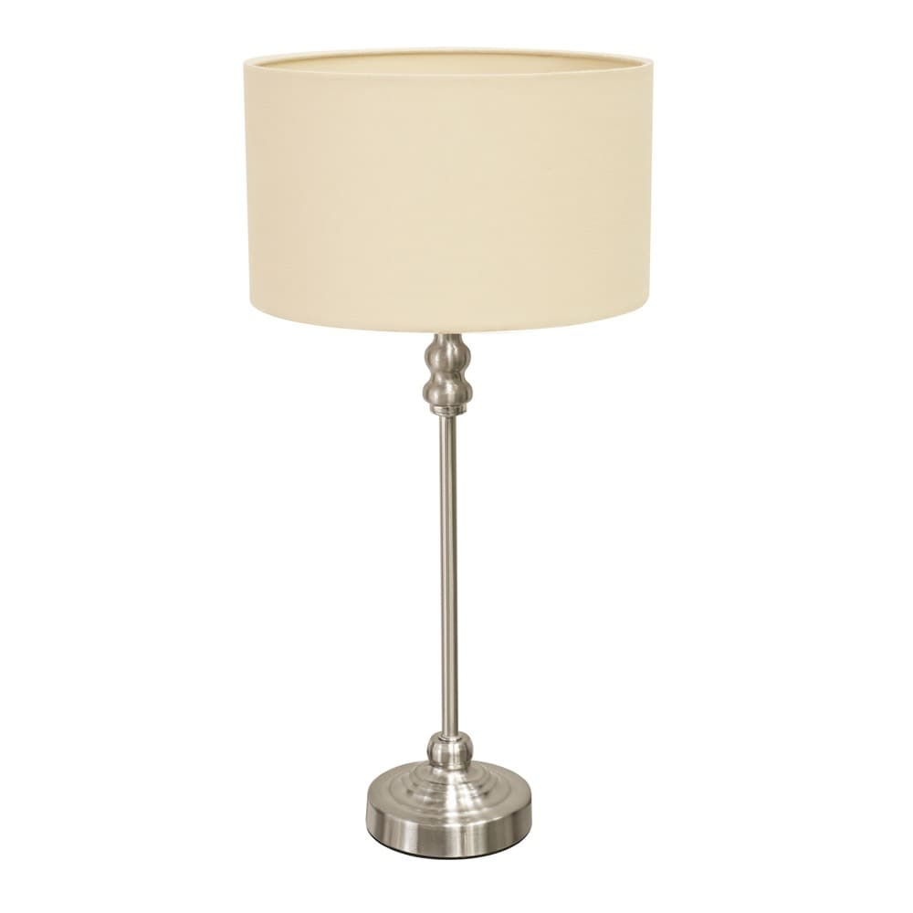ValueLights Maggie Brushed Chrome Candlestick Slim Table Lamp Fabric Drum Lamp Shade in Natural