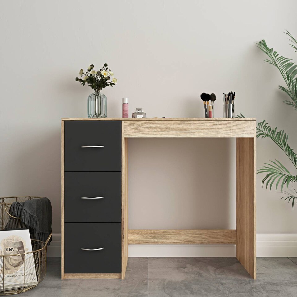 3-Drawer Wooden Desk and Dressing Table - Multi-Functional, 79.5x93x40 cm | Brown | Oak & Black | 22.5 x 43.5 x 98.5 | 1 - Tesco Groceries 3-Drawer Wooden Desk and Dressing Table - Multi-Functional, 79.5x93x40 cm | Brown | Oak & Black | 22.5 x 43.5 x 98.5 | 1 - Tesco Groceries