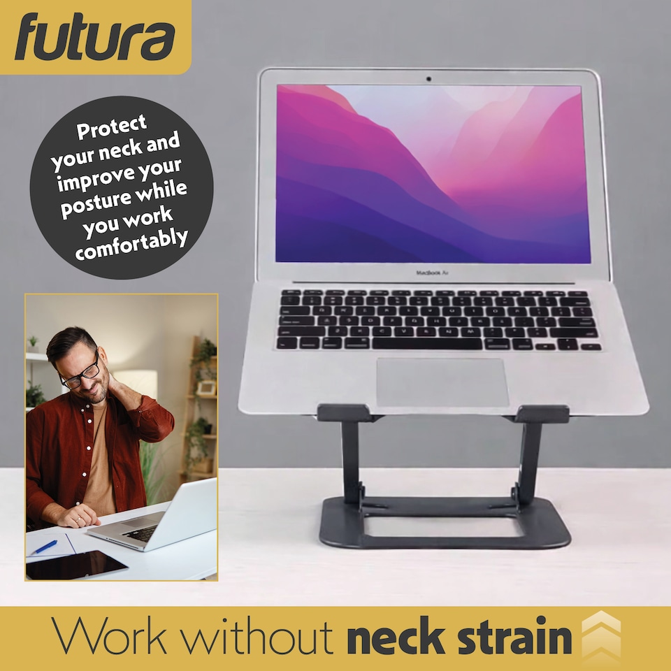 image 1 of Futura Laptop Stand Adjustable Portable Riser, Grey Foldable Aluminium Holder for MacBook AirPro and 11 to 17 inch Laptops | Grey | Grey | One Size | 1