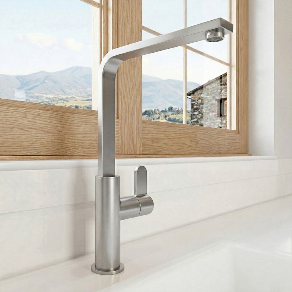 image 1 of Balterley Chara Kitchen Mono Mixer Tap with Single Lever Handle, Curved Swivel Spout | Silver | Brushed Nickel | 1