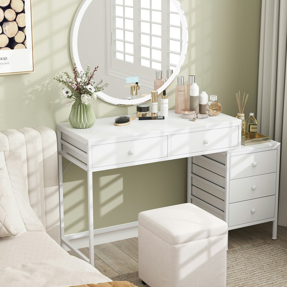 image 1 of COSTWAY Computer Desk with 5 Drawers and Side File Cabinet White White